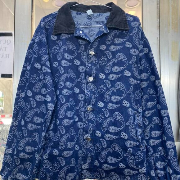 Vintage Jackets & Blazers - Vintage Paisley Print Denim Jacket with Corduroy Collar